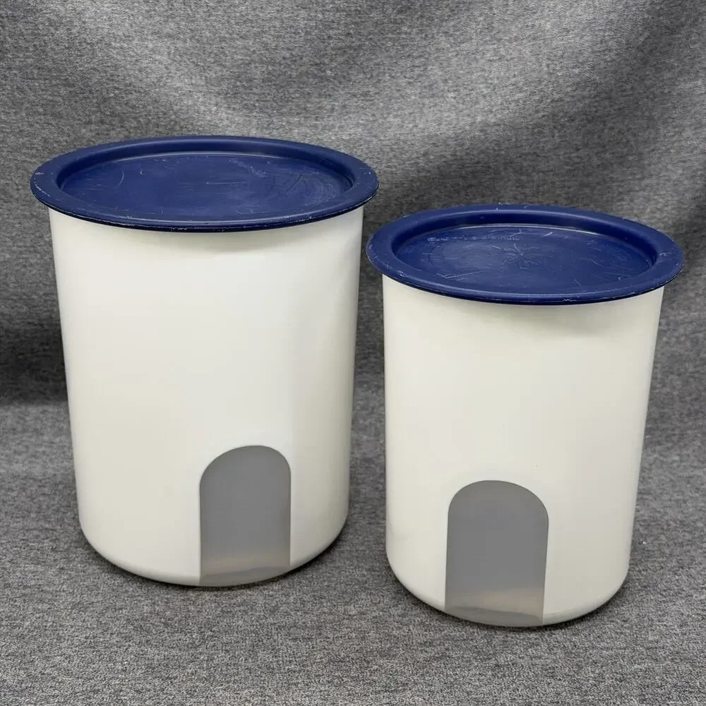 2pc Tupperware White Canisters Blue One Touch Lids Nesting Reminder Window USA